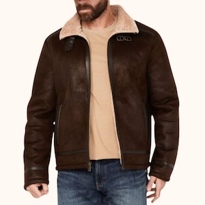 Men’s Shearling Leather Jacket, Brown Aviator Bomber Coat, Winter Warm Sheepskin Jacket – Vintage Flight Pilot Jacket - Gift For Him