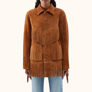 Women&#39;s Suede Fringe Jacket - Western Cowboy Leather Coat - Boho Vintage Tassel Outerwear - Brown Suede Jacket - Rodeo Festival Style