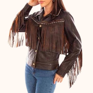 Women&#39;s Brown Leather Fringe Jacket – Western Cowgirl Jacket – Boho Festival Outfit – Vintage Style Fringe Coat – Rodeo Fashion Jacket