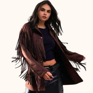 Women&#39;s Brown Suede Fringe Jacket – Western Boho Cowboy Coat – Vintage Cowgirl Leather Jacket – Festival Outfit – Handmade Retro Style