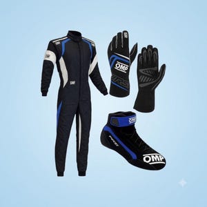 May include: A black, blue, and white racing suit with OMP branding, a pair of black and blue racing gloves with white OMP logos, and a single black, blue, and white racing shoe featuring the OMP logo and the word FIRST on the side.