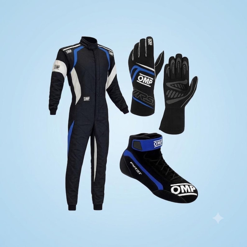 May include: A black, blue, and white racing suit with OMP branding, a pair of black and blue racing gloves with white OMP logos, and a single black, blue, and white racing shoe featuring the OMP logo and the word FIRST on the side.