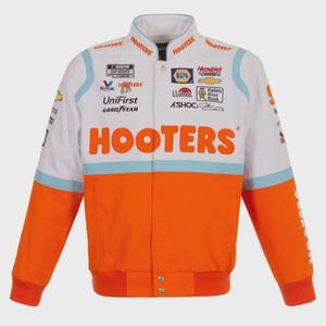 May include: White and orange racing jacket with the word "HOOTERS" in large orange letters across the chest. The jacket has multiple sponsor logos and light blue accents. The jacket has a button-up front and a ribbed collar and cuffs.