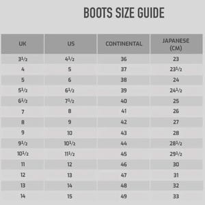 May include: A gray boots size guide chart with dark gray headers labeled UK, US, CONTINENTAL, and JAPANESE (CM). The table lists numerical size conversions starting from UK 3.5, US 4.5, Continental 36, and Japanese 23, up to UK 14, US 15, Continental 49, and Japanese 33.