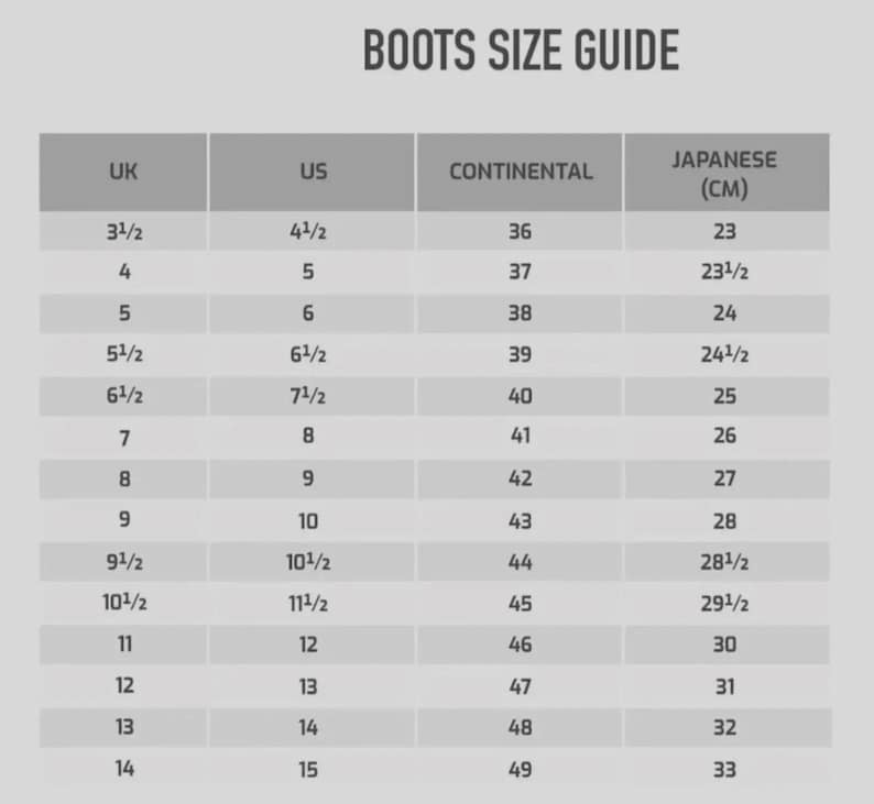 May include: A gray boots size guide chart with dark gray headers labeled UK, US, CONTINENTAL, and JAPANESE (CM). The table lists numerical size conversions starting from UK 3.5, US 4.5, Continental 36, and Japanese 23, up to UK 14, US 15, Continental 49, and Japanese 33.