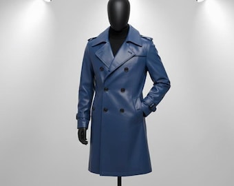 Handgjord herrtrenchcoat i läder | Marinblå långjacka | Minimalistisk design
