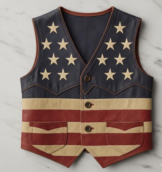 Unisex USA Flag Cowhide Leather Vest – Handmade American Star & Stripe Western Biker Waistcoat