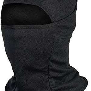 May include: A solid black balaclava made of a lightweight, breathable, moisture-wicking fabric. This full-face headgear features a single large eye opening and extends down to cover the neck and upper chest area with a contoured, fitted design.