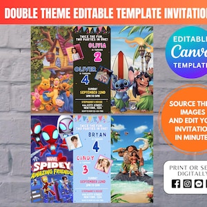 Könnte beinhalten: Eine farbenfrohe Einladungsvorlage mit dem Text "DOUBLE THEME EDITABLE TEMPLATE INVITATION." Das Design zeigt Zeichentrickfiguren und den Text "EDITABLE Canva TEMPLATE." Es enthält den Text "PRINT OR SEND DIGITALLY."