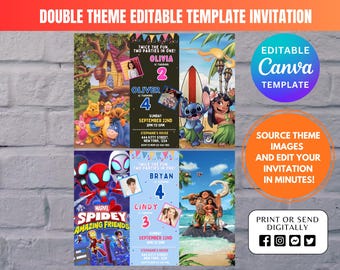Editable Sibling Birthday Invitation, Double Birthday Invite, Dual Combined Twins, Boy and Girl Double Invite, Editable with Canva