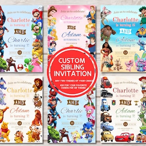 May include: A collection of five rectangular birthday invitation templates featuring various cartoon characters, including superheroes, princesses, and animals. Each invitation includes text fields for names, ages, dates, and locations, with a central red circle overlay.