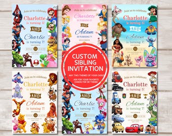 Custom Double Theme Birthday Invitation, Double Birthday Invitation Kids, Sibling Party, Joint Birthday Party, Twin Sibling Birthday Invite