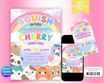 Printable Squishmallow Invitation, Squishmallow Birthday Invitation, Squish Birthday Party Printable, Digital Invitation, Canva Template