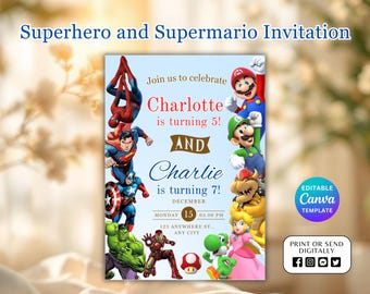 Editable Superhero and Super Mario Invitation, Double Theme Sibling Birthday Invite, Double Theme Birthday Invitation, Twins Birthday Invite