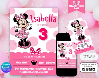 Minnie Mouse Birthday Invite Template Printable, Minnie Mouse Birthday Invitation, Minnie Mouse Invitation, Canva Editable, Thank you tag