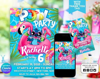 Stitch Editable Birthday Invitation Template, Stitch Pool Printable Birthday Invitation, Digital Kids Party Invite, Digital Bday Card Invite