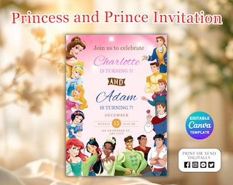 Editable Princesses and Prince Invitation, Double Theme Sibling Birthday Invite, Girl Princess Birthday Theme, Princess Party Invitation