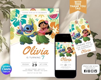 Lilo and Stitch Editable Birthday Invitation Template, Printable Birthday Invitations, Lilo and Stitch Invitation, Canva Kids Stitch Invite