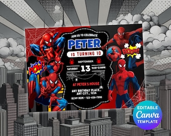 Spider Man Invitation, Spider-man Boys Birthday Party Digital Invitation, Kids Birthday Card, Digital Download, Editable Template