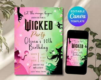 Wicked Birthday Party Invitation, Wicked party invitation, WICKED inspired Movie ticket, Elphaba & Glinda Theme, Movie party, Canva Editable