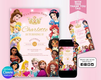 Princess Birthday Invitation Princess Invitation Princess Party Invitation Girl Princesses Invitations Gold Pink Instant EDITABLE Digital