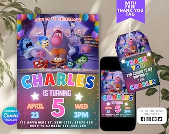 Editable Inside out 2 Birthday Invitation, Customizable Canva Template, For Boy and Girl Kids Printable invitation, Invite Instant Download