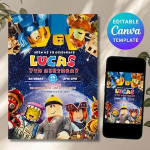 May include: A birthday party invitation featuring a colorful design with cartoon characters and the name "LUCAS" in large letters. The invitation includes the text "7TH BIRTHDAY", date, time, and location. A smartphone displays the same design. The invitation is an editable Canva template.