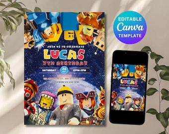 Roblox Invitation, Roblox Invite, Game Party, Roblox Boys Birthday Invitation Template, Game Birthday, Kids Roblox, Editable Template, Canva