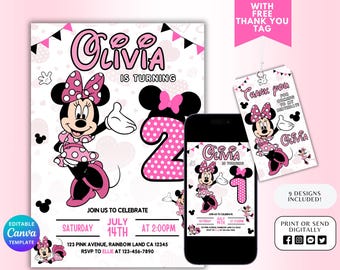 Minnie Mouse Birthday Invite Template Printable, Minnie Mouse Birthday Invitation, Minnie Mouse Invitation, Canva Editable, Thank you tag