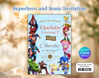 Editable Superhero and Sonic Invitation, Double Theme Sibling Birthday Invite, Double Theme Birthday Invitation, Twins Birthday Invite