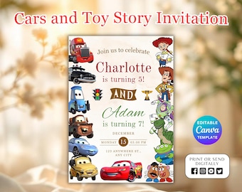 Editable Cars and Toy Story Invitation, Double Theme Sibling Birthday Invite, Double Theme Birthday Invitation, Boy Birthday, Twins Birthday