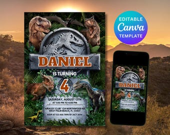 Invitación editable de dinosaurio, invitación para fiesta de cumpleaños de dinosaurios, invitación para el mundo de los dinosaurios, invitación para fiesta de T-Rex, cumpleaños jurásico (1.º, 3.º y 5.º)