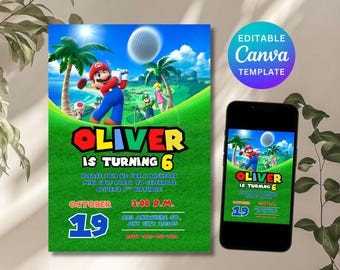 Editable Super Mario Golf Digital Party Invitation, Mario Birthday Invitation, Printable Super Mario, Golf Mario Invitation, Canva Download