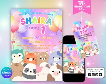 Editable Squishmallow Invitation, Squishmallow Birthday Invitation, Squish Birthday Party Printable, Digital Invitation, Canva Template