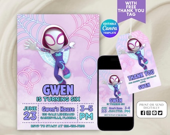 Invitación de cumpleaños de Spidey fantasma para niña, invitación imprimible de Spidey y sus increíbles amigos, invitación de cumpleaños para niñas, plantilla de Canva