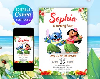 Invitación de cumpleaños editable de Lilo y Stitch, Lilo y Stitch editable, invitación de cumpleaños de Lilo y Stitch, descarga instantánea editable de Canva