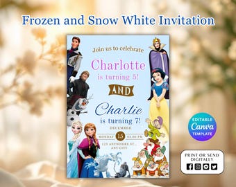 Editable Frozen and Snow White Invitation, Double Theme Sibling Birthday Invite, Double Theme Birthday Invitation, Twins Birthday Invite