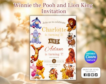 Editable Winnie The Pooh and Lion King Invitation, Double Theme Sibling Birthday Invite, Double Theme Birthday Invitation, Twins Birthday