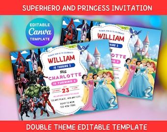 Editable Princess & Superhero invitation, Editable, Birthday party, Invitation template, Digital Download, Canva Editable Invitation