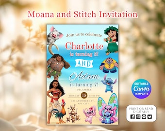 Editable Moana and Stitch Invitation, Double Theme Sibling Birthday Invite, Double Theme Birthday Invitation, Twins Birthday Invitation