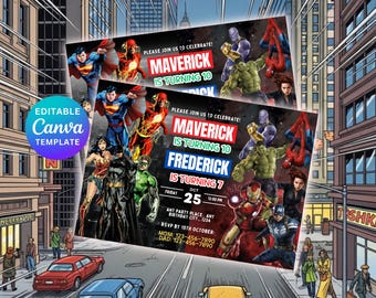 Editable Sibling Superheroes Birthday Invitation, Superhero Birthday Invite, Printable Avengers Superhero Invitation Sibling Birthday Party