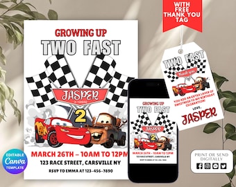 Editable Two fast birthday party Invitation, Cars Lightning Birthday Invite, McQueen Birthday Party Invitation, Race Cars Invite, Oh twodles