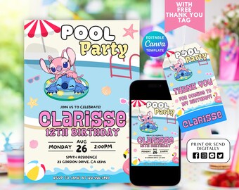 Stitch Editable Birthday Invitation Template, Stitch Pool Printable Birthday Invitation, Digital Kids Party Invite, Digital Bday Card Invite