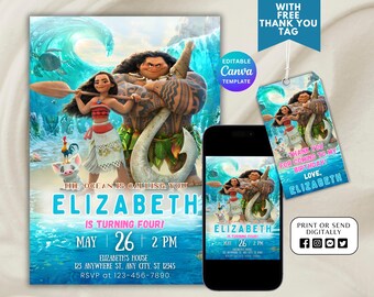 Editable Moana Birthday Invitation, Digital Hawaiian Moana Birthday Invite, Kids Theme Party Invitation, Digital Moana Beach Template, Canva