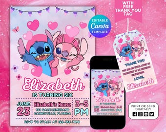 Printable Lilo and Stitch Invitation, Stitch Birthday Invitation, Kids Stitch Angel Birthday Invite, Aloha Stitch Birthday, Canva Template