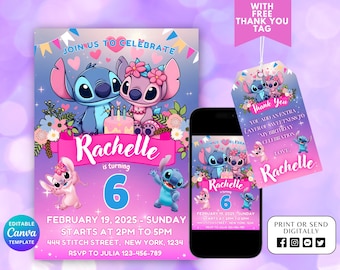 Plantilla de invitación de cumpleaños editable de Stitch, invitaciones de cumpleaños imprimibles, invitación digital para fiesta infantil, tarjeta de invitación de cumpleaños digital, Stitch