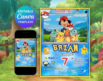 Editable Pokemon Card Invitation, Pokemon Birthday Invitation, Pikachu Birthday Party Invitation, Printable Pokemon Invitation Template