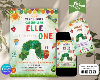 A Very Hungry Caterpillar first birthday invitation, party invitation, hungry caterpillar invite, canva editable invite, thank you tag