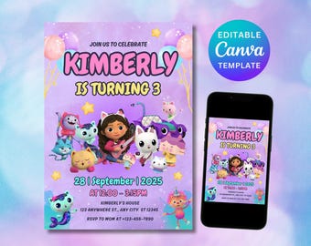 Gabby's Dollhouse Birthday Invitation, Kids Party, Canva Template, Digital Download, Instant Download