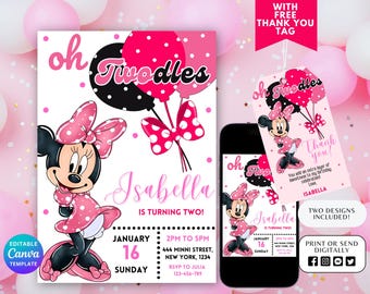 Minnie Mouse Birthday Invite Template Printable, Minnie Mouse Birthday Invitation, Minnie Mouse Invitation, Canva Editable, Thank you tag